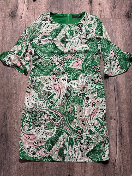 Kasper Dresses & Skirts - Kasper Green Paisley Midi Dress with Pink & White Accents